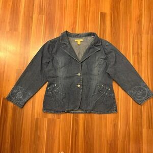 unique denim jean jacket with embroidered pockets rhinestone buttons size 14